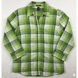 Sherry Taylor Plaid Button Down Top Blouse Women XL Green 3/4 Sleeve Ramie Rayon